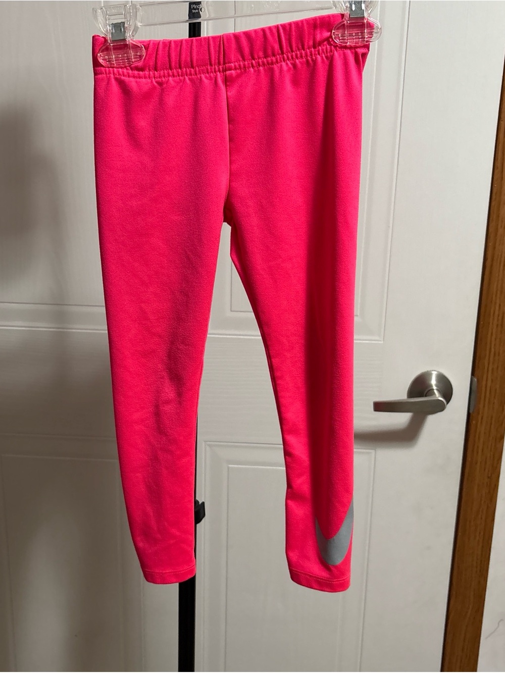 Nike Girls Bright Neon Pink Athletic Leggings with Silver Swoosh